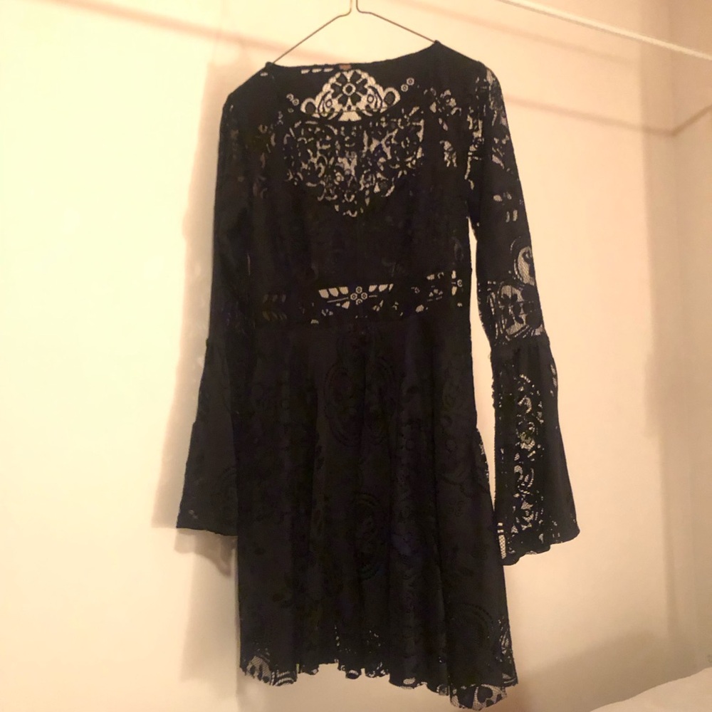 Size S Free People Black Lace Long-Sleeve Dress - Women's Elegant Evening Dress